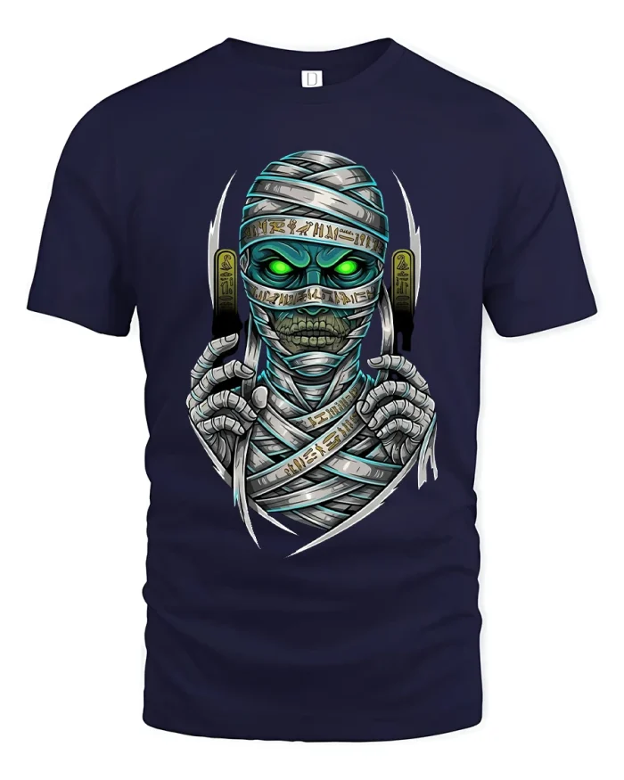 Glowing Eyes Mummy Warrior Graphic T Shirt - navy t-shirt on white background