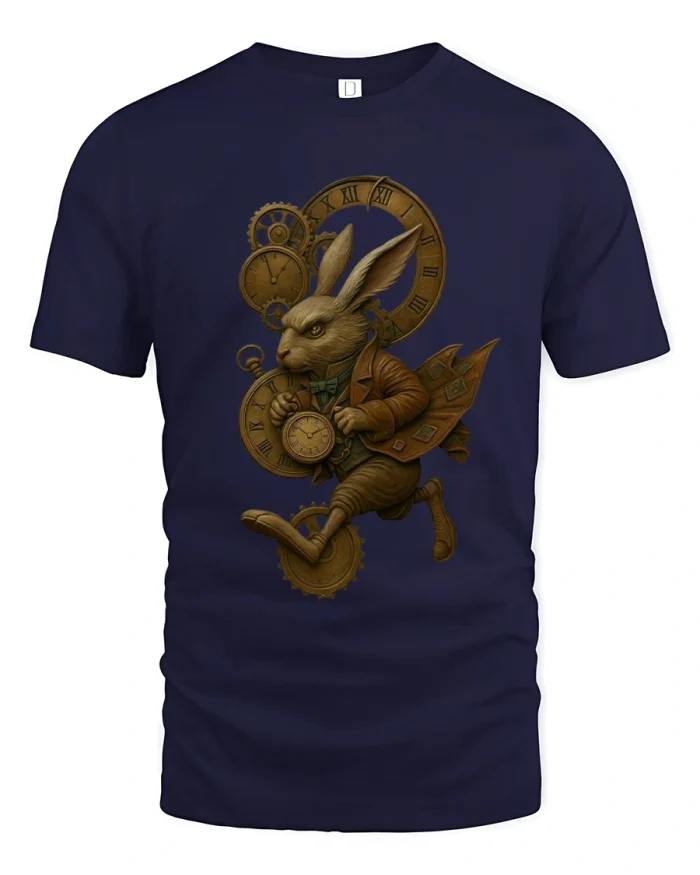 Steampunk Time Traveler Rabbit Graphic T Shirt - navy t-shirt on white background