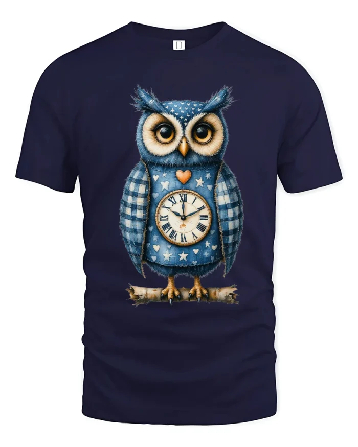 Vintage Clock Owl Graphic T Shirt Cute Art - navy t-shirt on white background