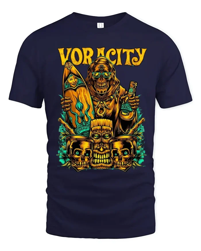 Voracity Skull Tiki Horror Graphic T Shirt - navy t-shirt on white background