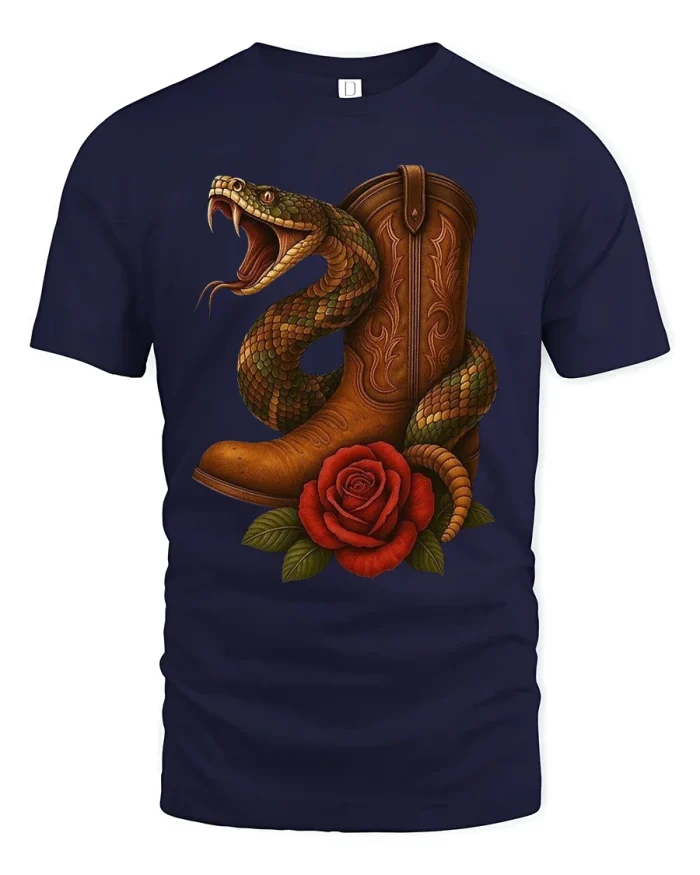 Western Snake And Cowboy Boot Graphic T Shirt - navy t-shirt on white background