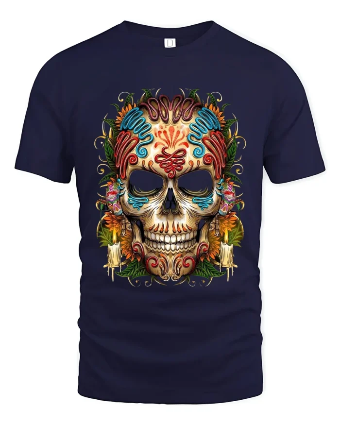 Colorful Sugar Skull Day Of The Dead Graphic T Shirt - navy t-shirt on white background