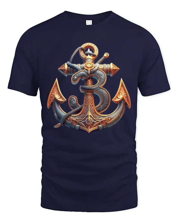 Ornate Nautical Anchor With Sword Graphic T Shirt - navy t-shirt on white background