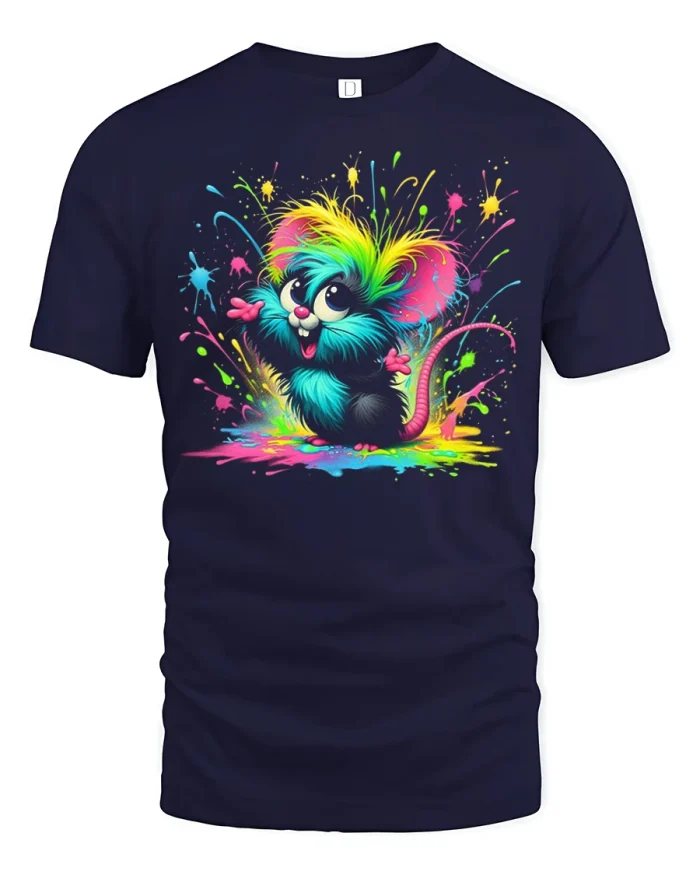 Neon Rainbow Cute Mouse Graphic T Shirt Art - navy t-shirt on white background