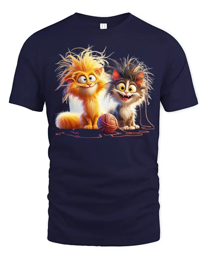 Cute Messy Hair Kittens With Yarn Graphic T Shirt - navy t-shirt on white background