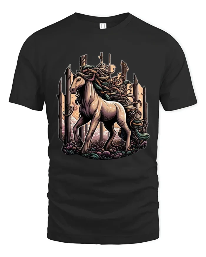 Majestic Unicorn Forest Fantasy Graphic T Shirt - black t-shirt on white background