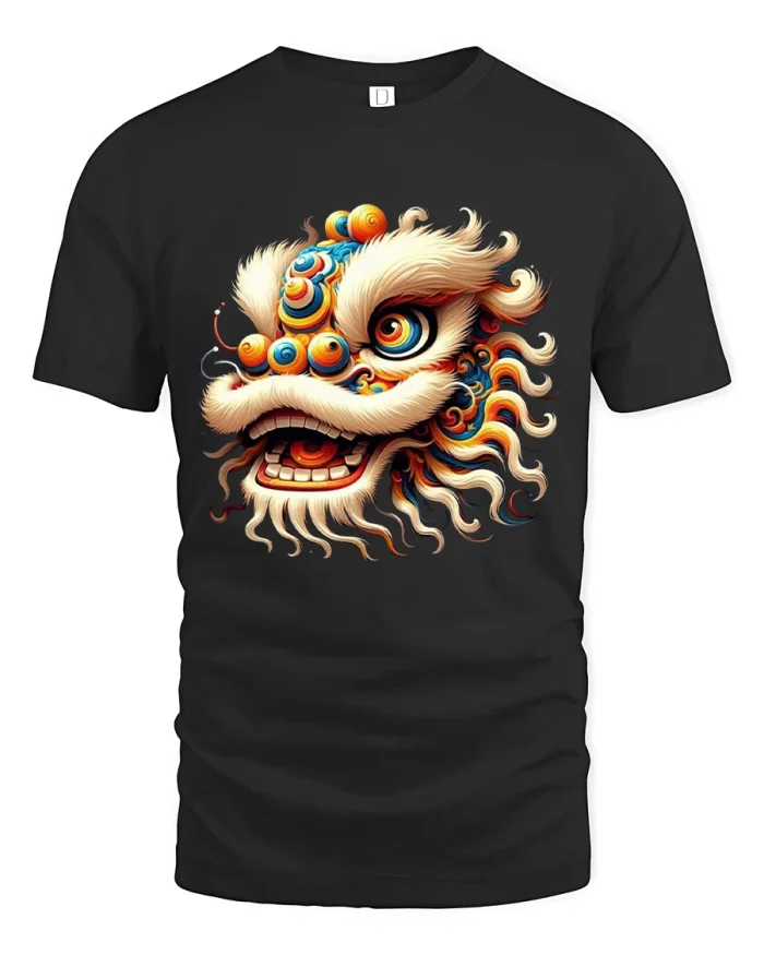 Colorful Chinese Lion Dance Graphic T Shirt Art - black t-shirt on white background