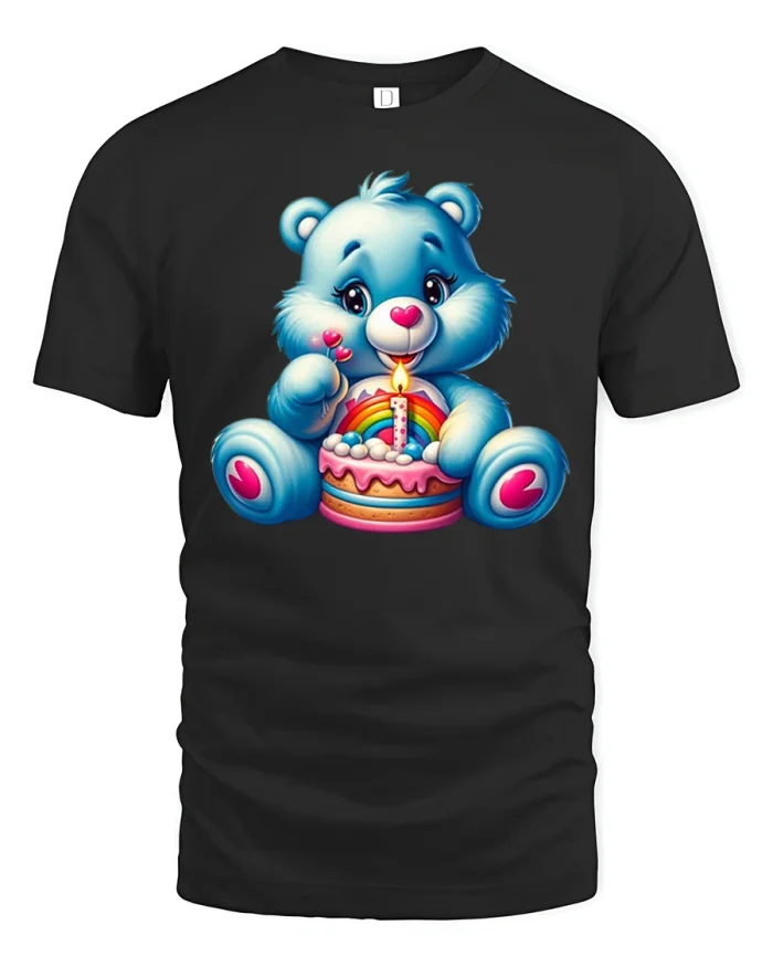 Cute Blue Bear Birthday Cake Graphic T Shirt - black t-shirt on white background