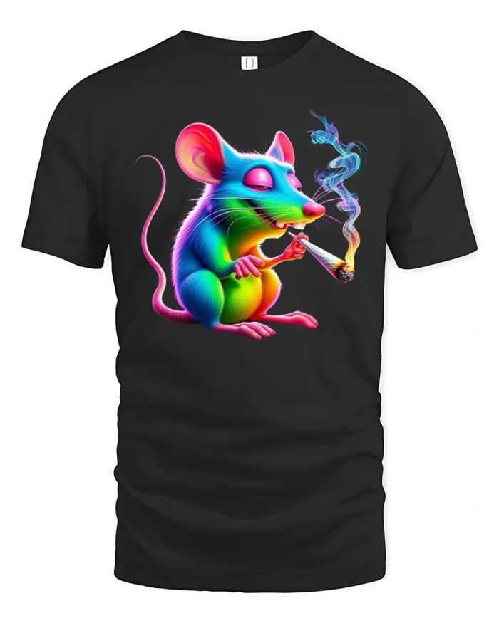 Trippy Neon Mouse Smoking Graphic T Shirt - black t-shirt on white background