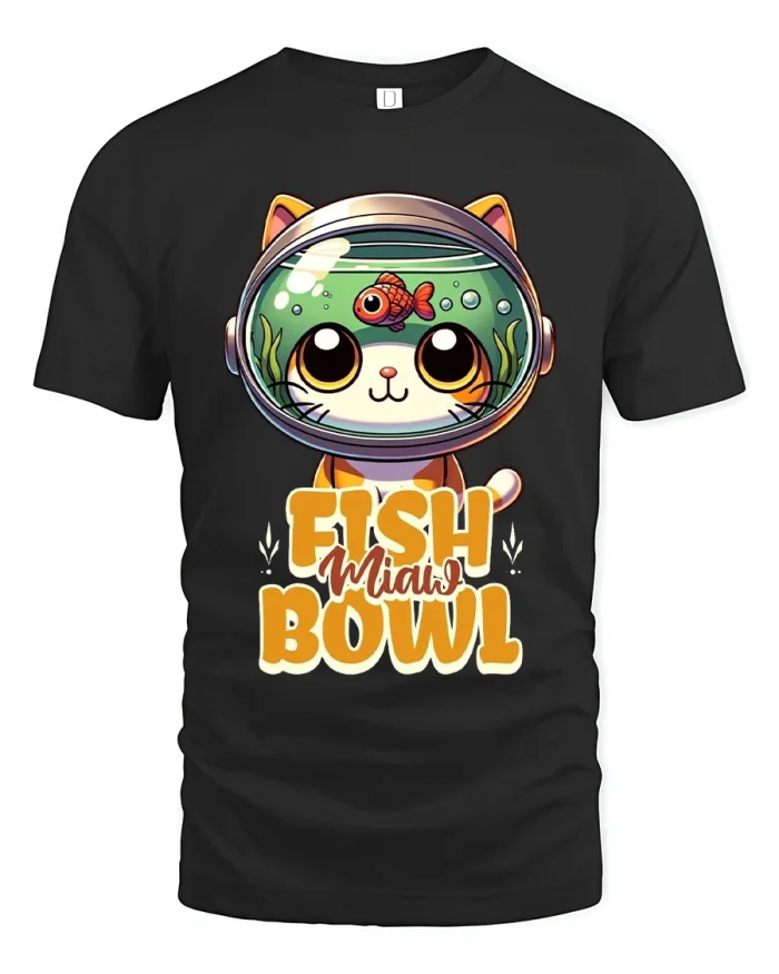 Cute Cat Fish Bowl Graphic T Shirt Funny Pet Art - black t-shirt on white background