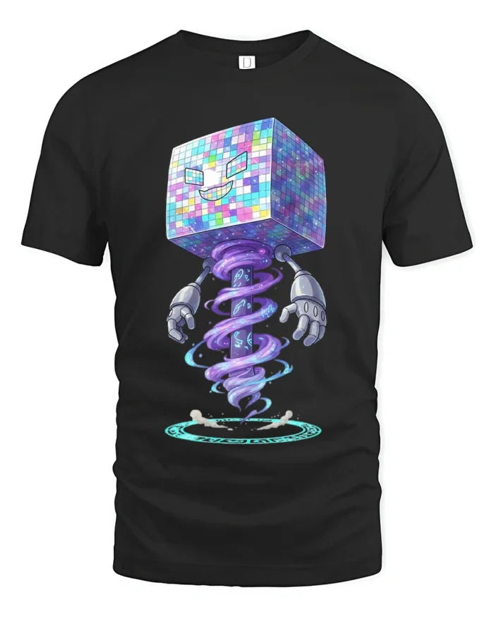 Pixel Cube Robot Magic Portal Graphic T Shirt - black t-shirt on white background