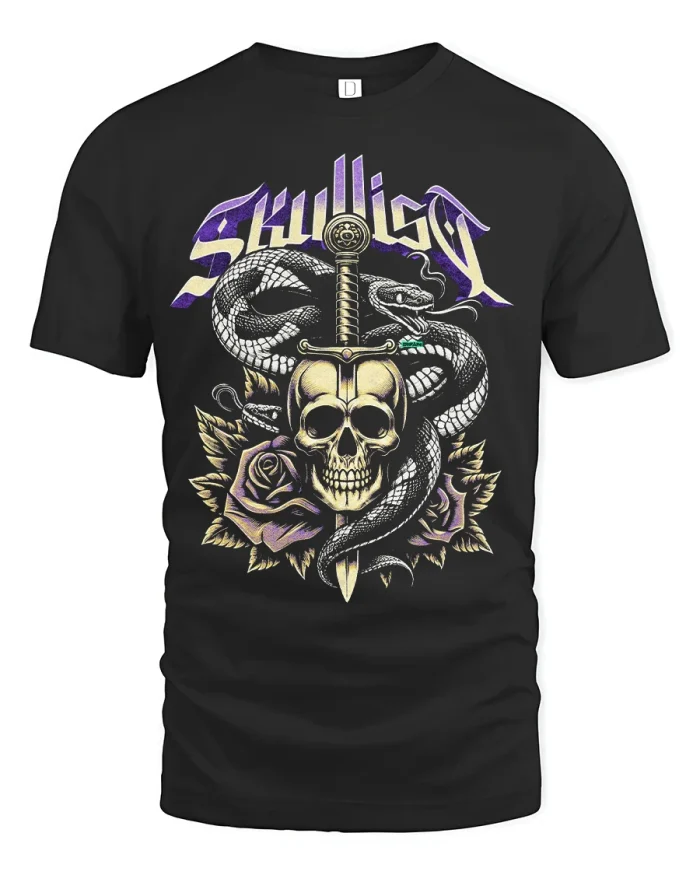 Skull and Snake Sword Graphic T Shirt Gothic Art - black t-shirt on white background
