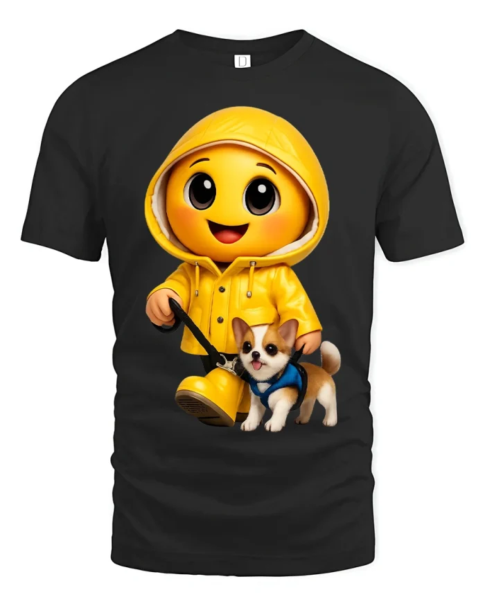 Cute Raincoat Emoji Walking Dog Graphic T Shirt - black t-shirt on white background