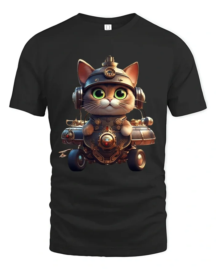 Steampunk Cat Pilot Graphic T Shirt Cute Art - black t-shirt on white background