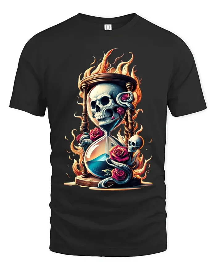 Flaming Skull Hourglass Gothic Graphic T Shirt - black t-shirt on white background