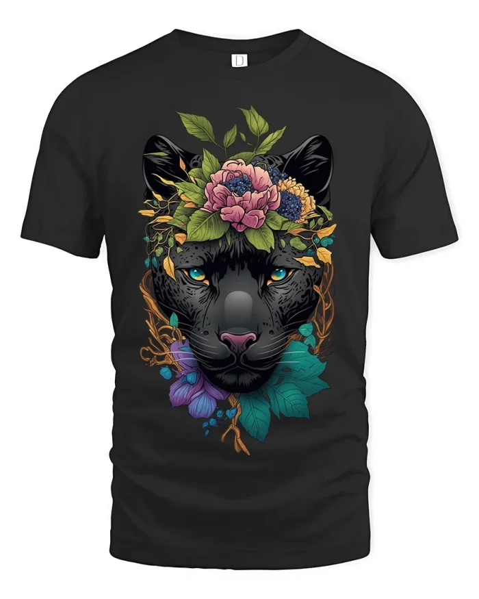 Floral Black Panther Face Graphic T Shirt Art - black t-shirt on white background