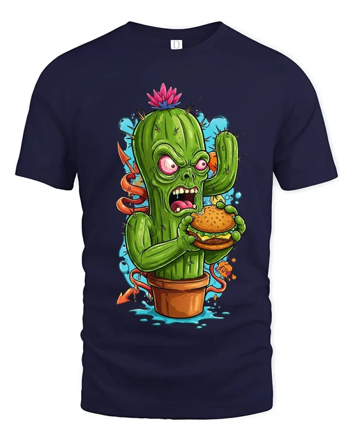 Funny Zombie Cactus Burger Graphic T Shirt - navy t-shirt on white background