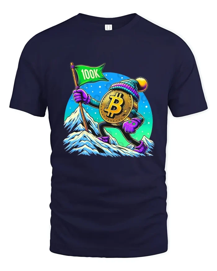 Bitcoin 100K Mountain Climber Graphic T Shirt - navy t-shirt on white background