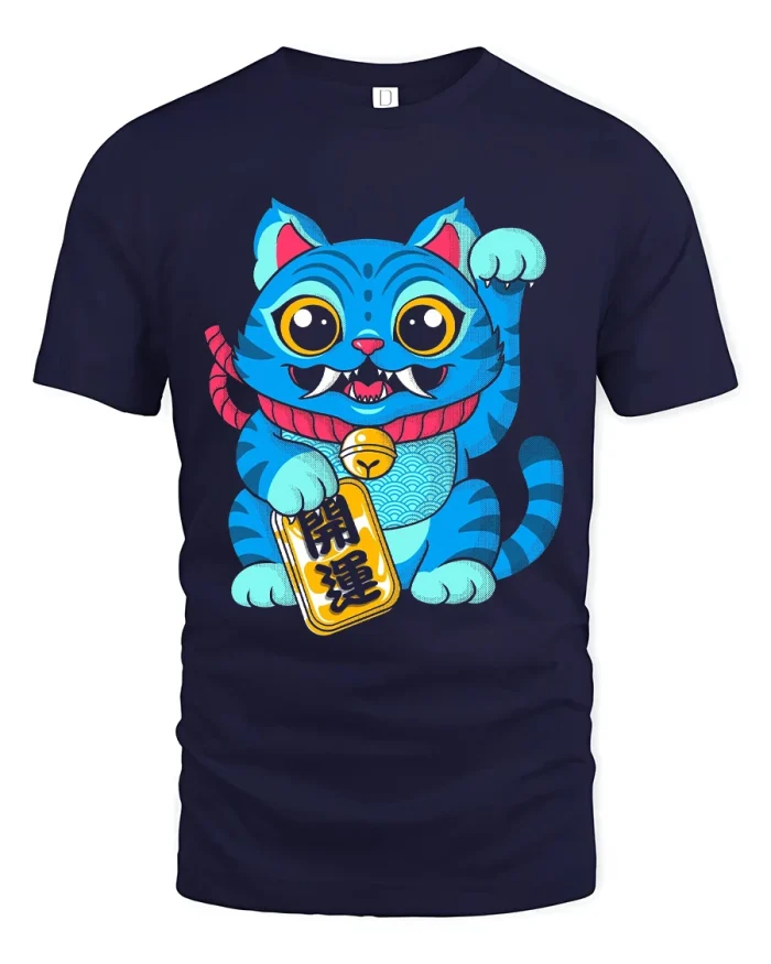 Blue Lucky Cat Monster Graphic T Shirt Art - navy t-shirt on white background