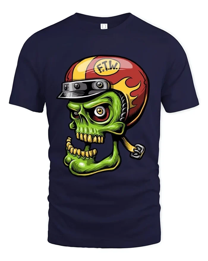 Biker Skull Helmet Graphic T Shirt Retro Style - navy t-shirt on white background