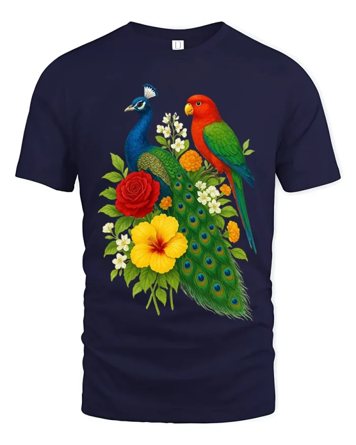 Peacock And Parrot Floral Garden Graphic T Shirt - navy t-shirt on white background