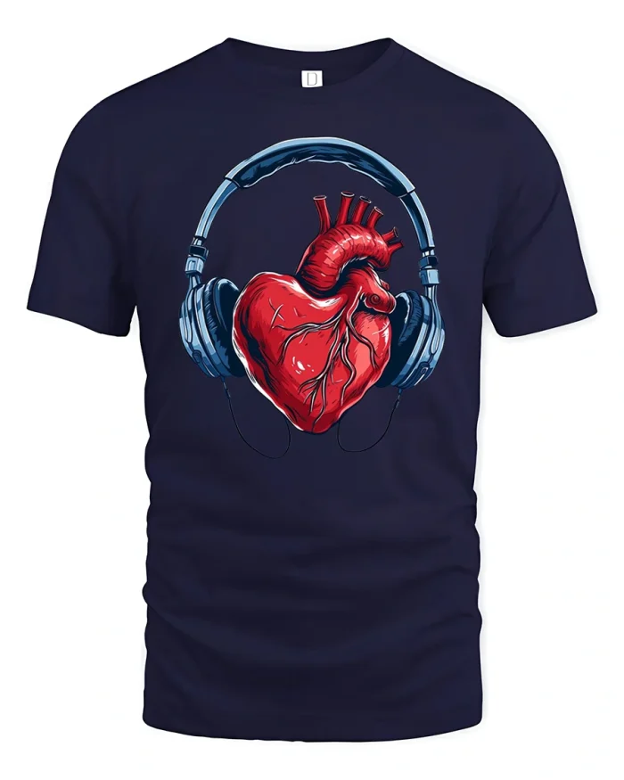 Anatomical Heart With Headphones Graphic T Shirt - navy t-shirt on white background