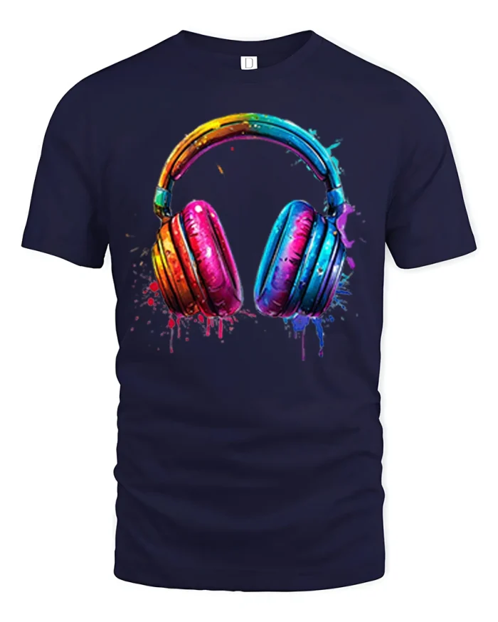 Colorful Paint Splash Headphones Graphic T Shirt - navy t-shirt on white background