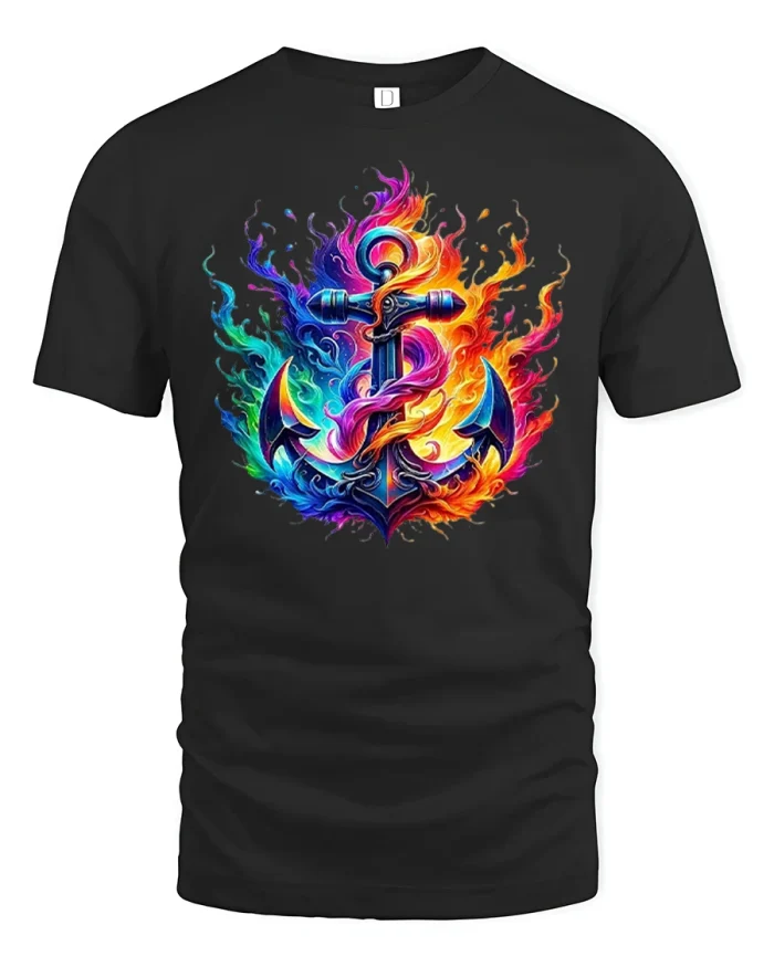Colorful Flaming Anchor Graphic T Shirt - black t-shirt on white background