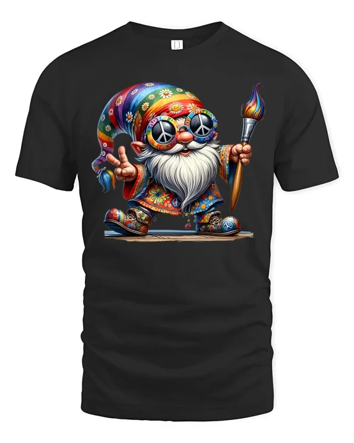 Hippie Peace Gnome With Paintbrush Graphic T Shirt - black t-shirt on white background