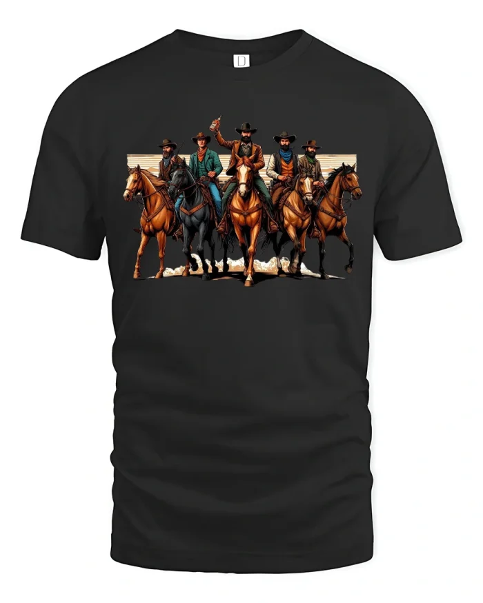 Vintage Wild West Cowboys Riding Horses Graphic T Shirt - black t-shirt on white background