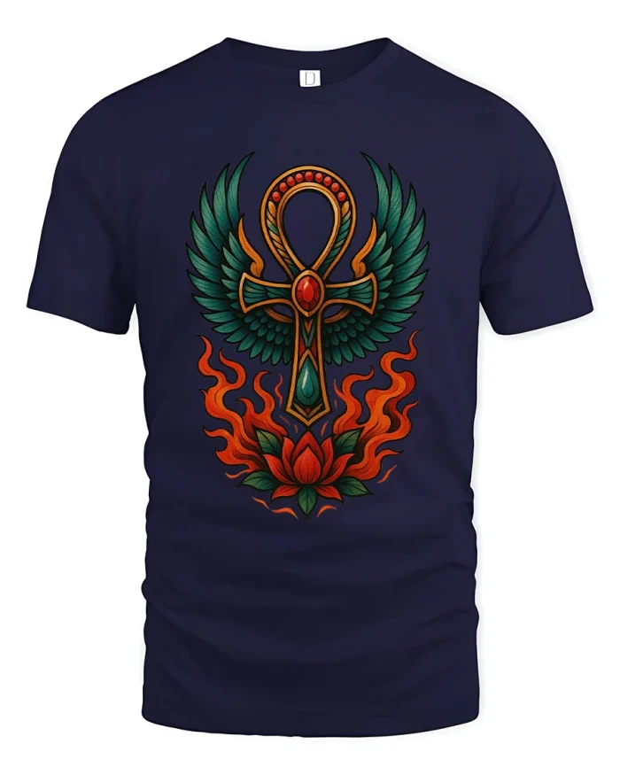 Egyptian Ankh Lotus Flame Symbol Graphic T Shirt - navy t-shirt on white background