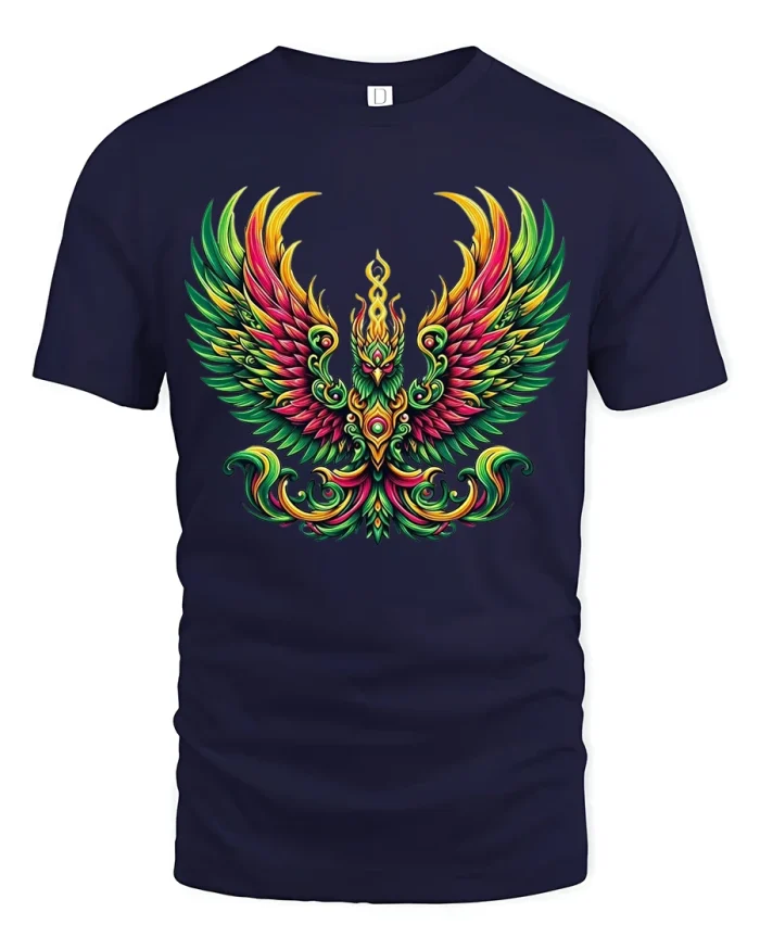 Colorful Phoenix Rising Fire Bird Graphic T Shirt - navy t-shirt on white background