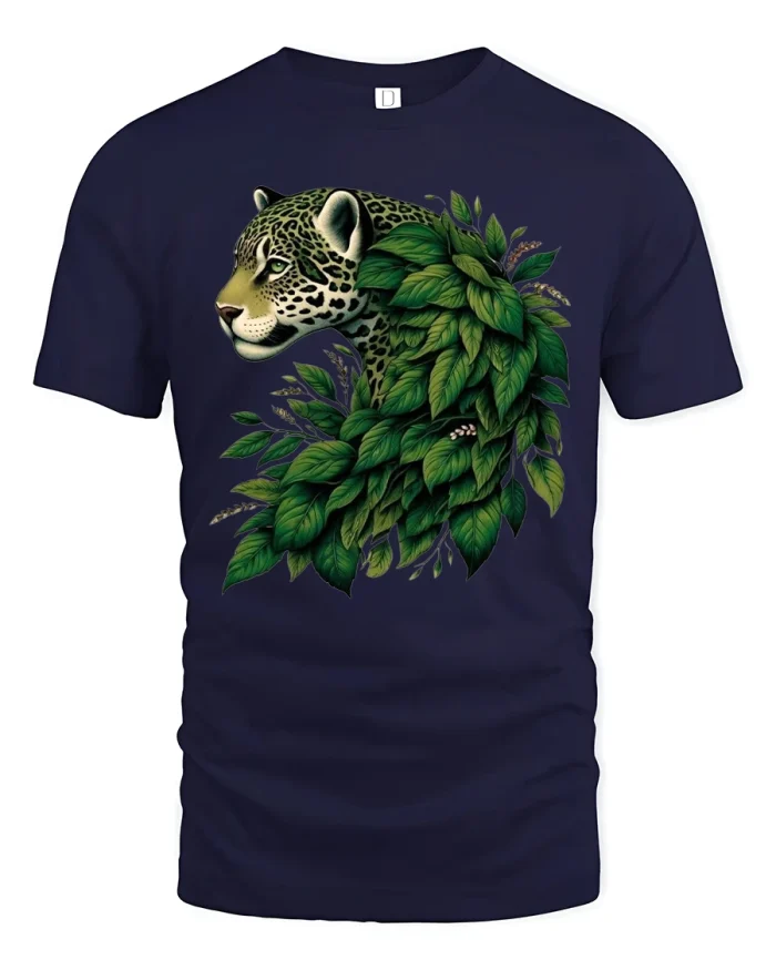 Jungle Leopard With Lush Leaves Graphic T Shirt - navy t-shirt on white background