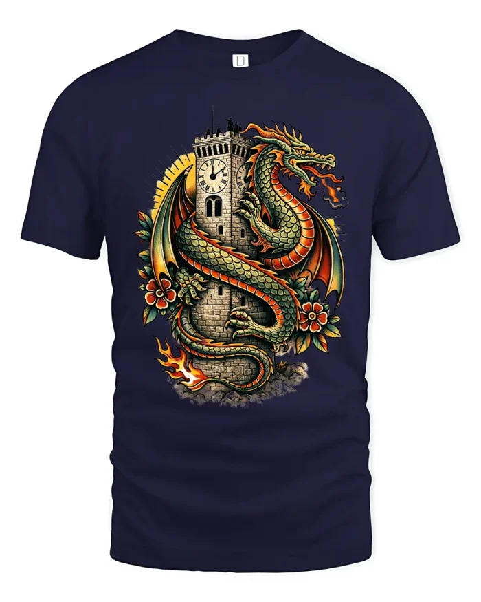 Medieval Dragon Wrapped Around Castle Graphic T Shirt - navy t-shirt on white background