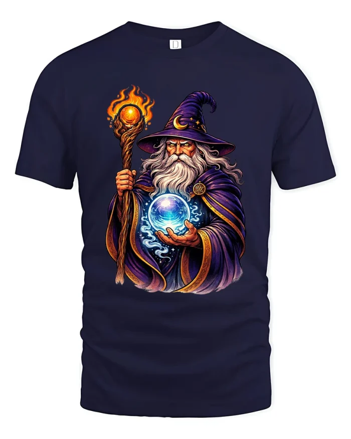 Mystic Wizard With Magic Orb Graphic T Shirt - navy t-shirt on white background