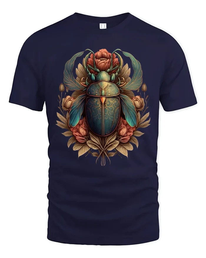Ornate Scarab Beetle Floral Art T Shirt - navy t-shirt on white background