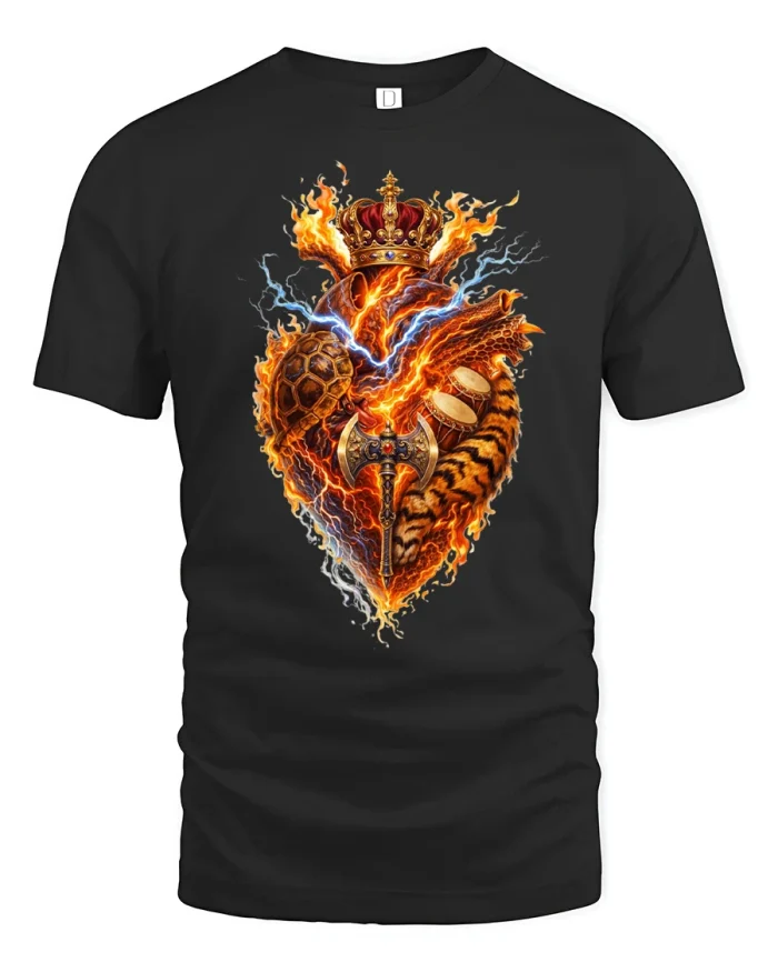 Royal Flaming Warrior Heart Graphic T Shirt Power Style - black t-shirt on white background