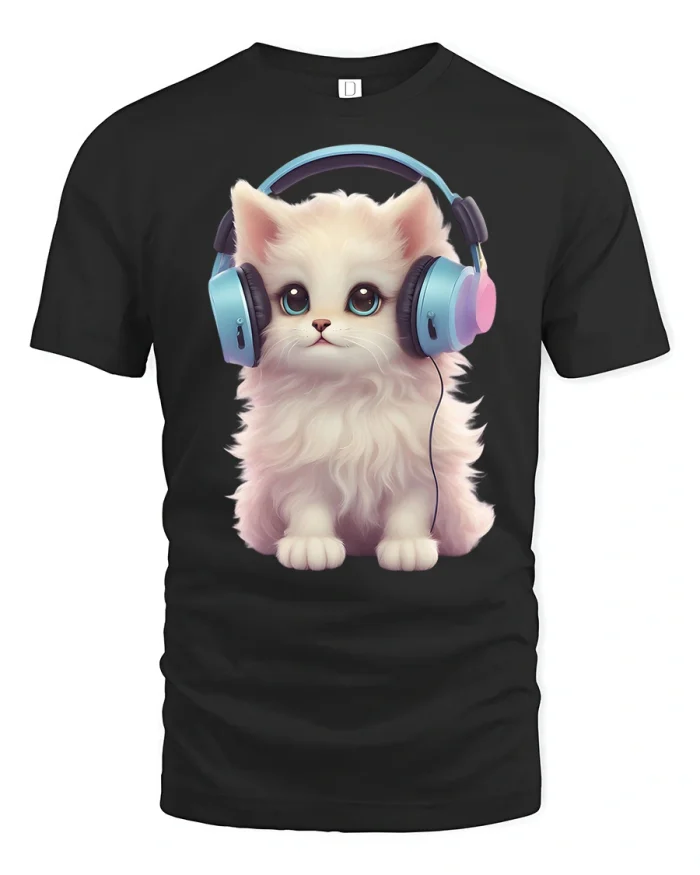 Cute Kitten With Headphones Graphic T Shirt Music Vibes - black t-shirt on white background