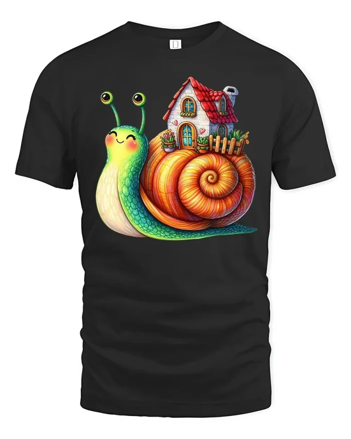 Cute Snail House Cartoon Graphic T Shirt Whimsical Style - black t-shirt on white background