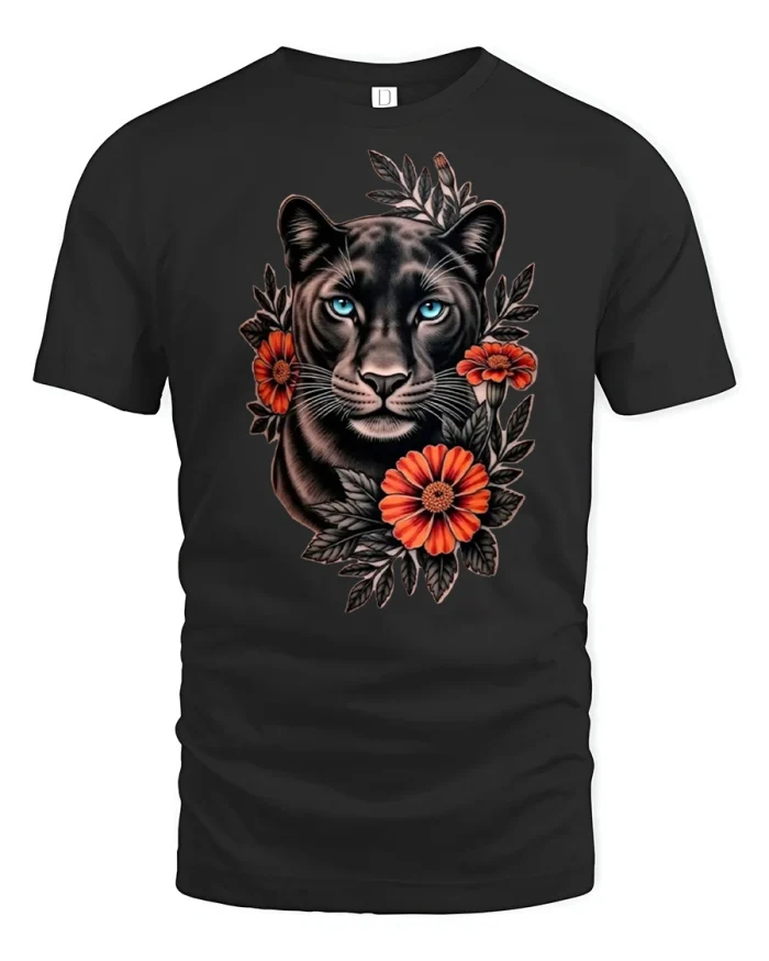 Black Panther With Flowers Graphic T Shirt Wild Elegance - black t-shirt on white background