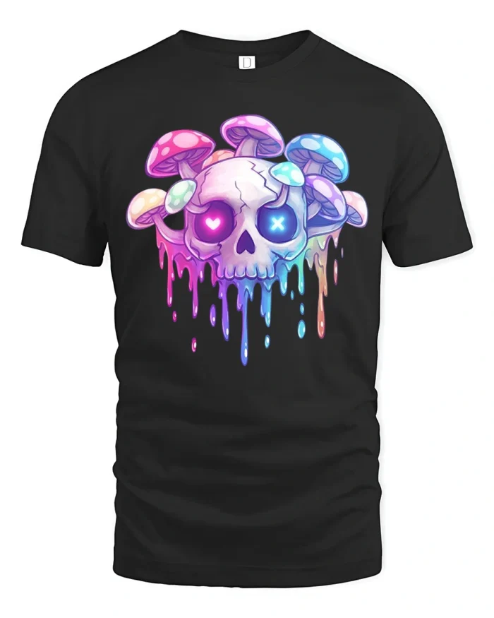 Neon Drip Skull Mushroom Graphic T Shirt Trippy Vibes - black t-shirt on white background