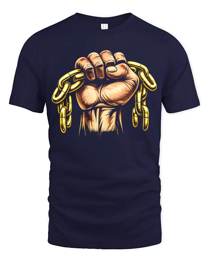 Unbreakable Fist With Chains Graphic T Shirt Power Style - navy t-shirt on white background