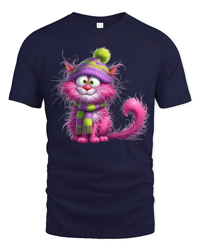 Cute Winter Cat Graphic T Shirt Cozy Kitty Style - navy t-shirt on white background