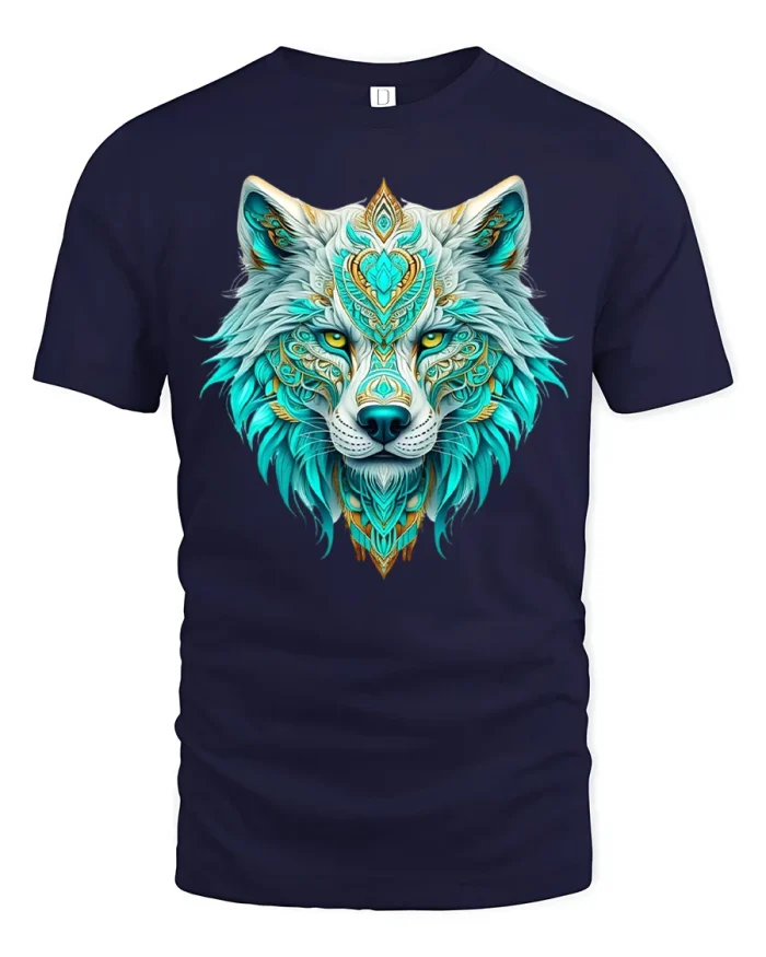 Mystic Wolf Mandala Graphic T Shirt Tribal Spirit - navy t-shirt on white background