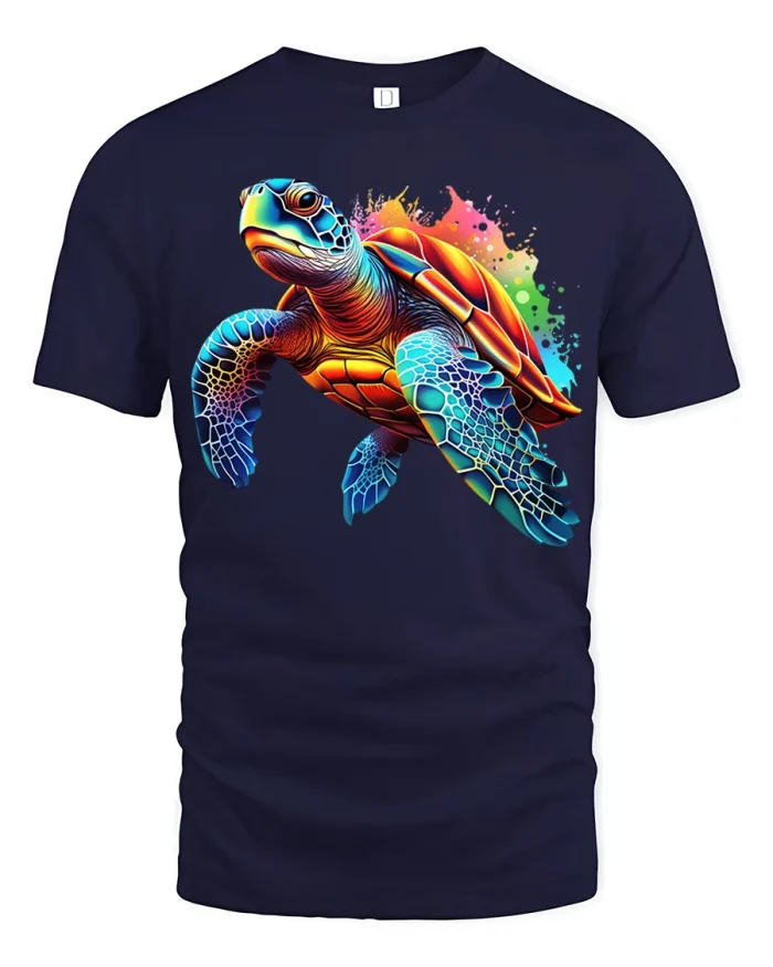 Colorful Sea Turtle Graphic T Shirt Ocean Vibes - navy t-shirt on white background