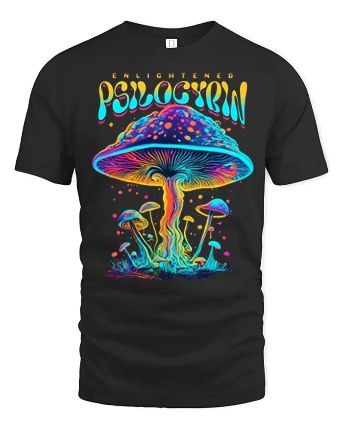 Enlightened Psilocybin Mushroom Psychedelic Art T Shirt - black t-shirt on white background