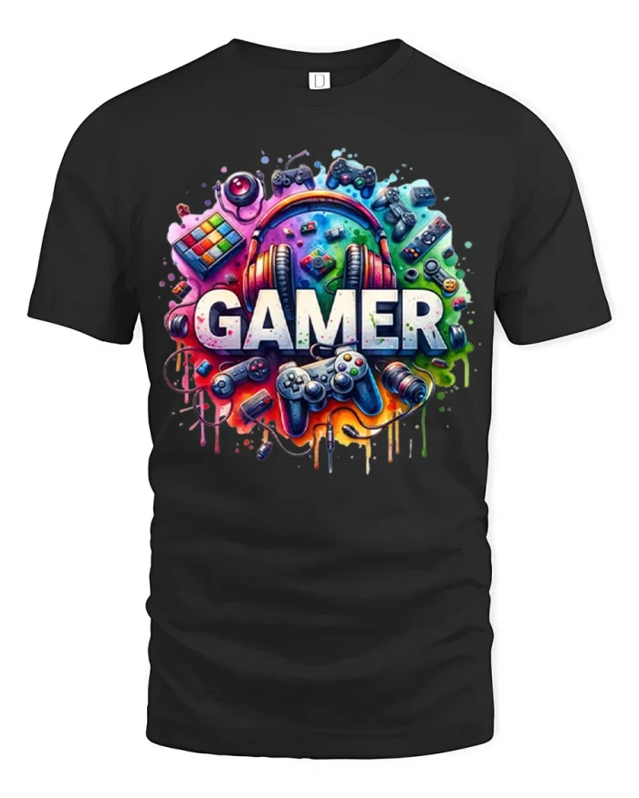Ultimate Gamer Graphic T Shirt With Color Splash Art - black t-shirt on white background
