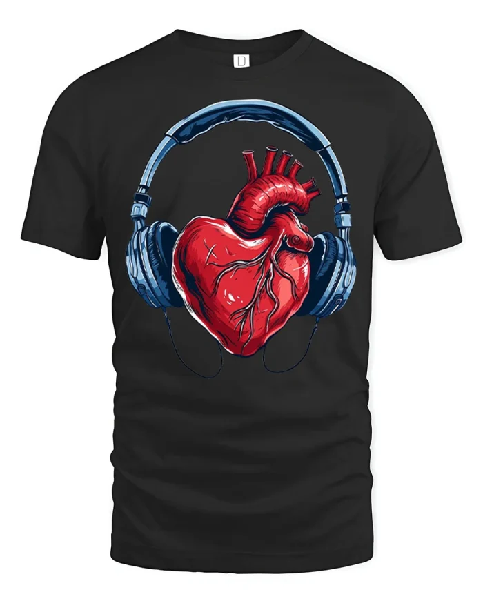 Anatomical Heart With Headphones Graphic T Shirt - black t-shirt on white background