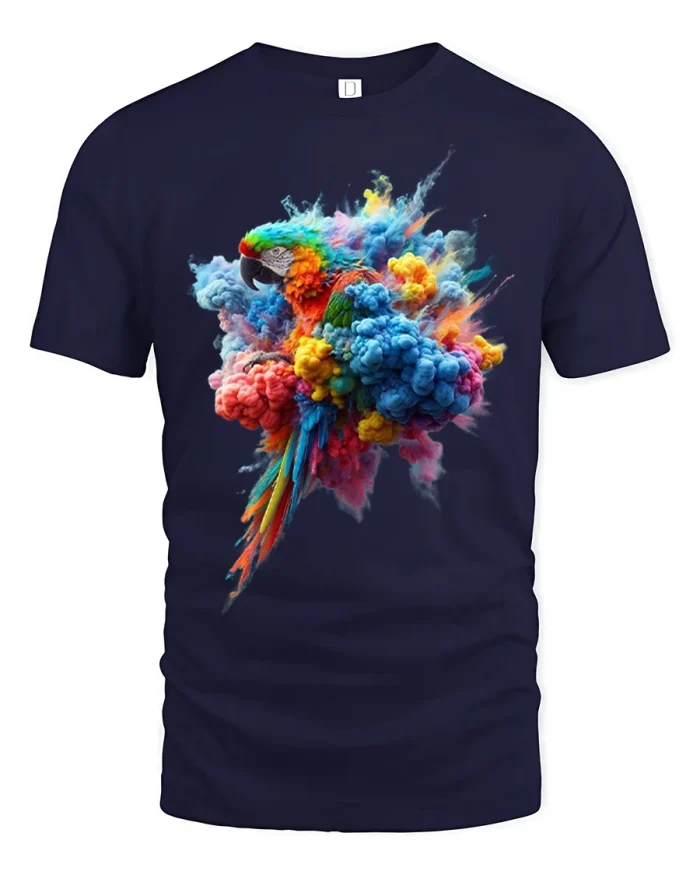 Color Explosion Parrot Artistic Graphic T Shirt - navy t-shirt on white background