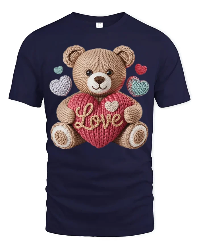 Cute Teddy Bear Love Heart Graphic T Shirt - navy t-shirt on white background